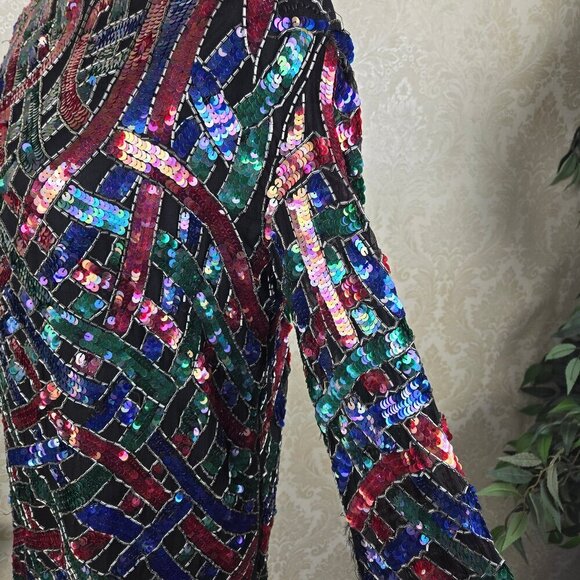 Vintage 80's Silk Sequin Beaded Evening Blouse Blue Green Fuchsia Black - Picture 6 of 16
